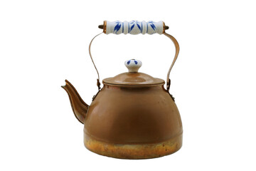 Old copper teapot with scratches and porcelain handle  isolated on transparency photo png file 