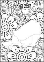 Obraz premium Schwarze und weiße Blume mit der Landkarte Niger in der Mitte Muster für Erwachsene Färbung Buch. Doodle floral Zeichnung. Kunsttherapie Färbung Seite.