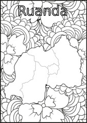 Schwarze und weiße Blume mit der Landkarte Ruanda in der Mitte Muster für Erwachsene Färbung Buch. Doodle floral Zeichnung. Kunsttherapie Färbung Seite.