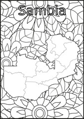 Fototapeta premium Schwarze und weiße Blume mit der Landkarte Sambia in der Mitte Muster für Erwachsene Färbung Buch. Doodle floral Zeichnung. Kunsttherapie Färbung Seite.