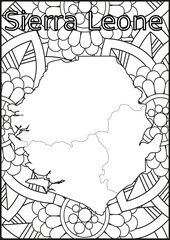 Schwarze und weiße Blume mit der Landkarte Sierra Leone in der Mitte Muster für Erwachsene Färbung Buch. Doodle floral Zeichnung. Kunsttherapie Färbung Seite.