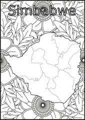 Schwarze und weiße Blume mit der Landkarte Simbabwe in der Mitte Muster für Erwachsene Färbung Buch. Doodle floral Zeichnung. Kunsttherapie Färbung Seite.