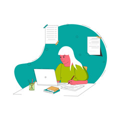 Woman working or learning at home at the table. Freelance, work at home, online job, home office, e-learning concept. Vector illustration for poster, banner, website.