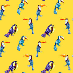 Toucans, exotic tropical birds watercolor seamless pattern on yellow background © Ekaterina Lanbina