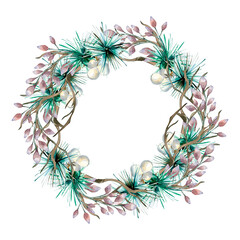 Wreath of needles, dried flowers and branch watercolor illustration isolated on white.