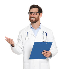Doctor with stethoscope and clipboard on white background