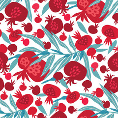 Beautiful  seamless pattern  with pomegranate   fruit for trendy summer design. Modern  texture for textile, paper, cover, fabric, interior decor, wrapping, wallpaper, packaging. Vector illustration