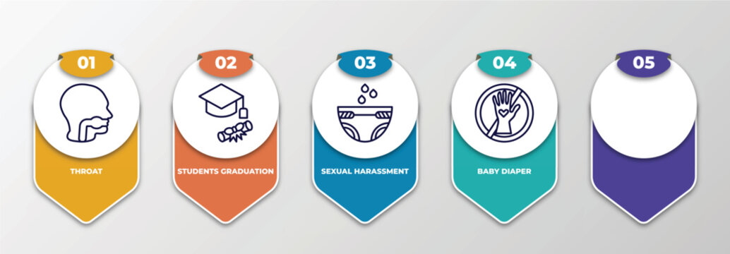 Infographic Template With Thin Line Icons. Infographic For People Concept. Included Throat, Students Graduation Hat, Sexual Harassment, Baby Diaper, No Racism Editable Vector.