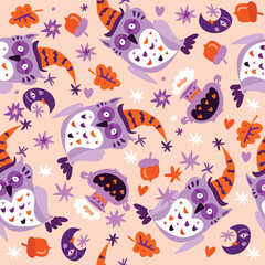 Happy Halloween seamless pattern   Pumpkin, bat, ghost, skull, star, owl, spider , hat. Vector cartoon illustration background
