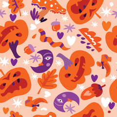 Happy Halloween seamless pattern   Pumpkin, bat, ghost, skull, star, owl, spider , hat. Vector cartoon illustration background
