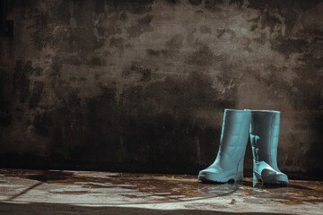 Pair of Blue rubber rain boots on wet floor with old bare cement wall background. Space for text,...