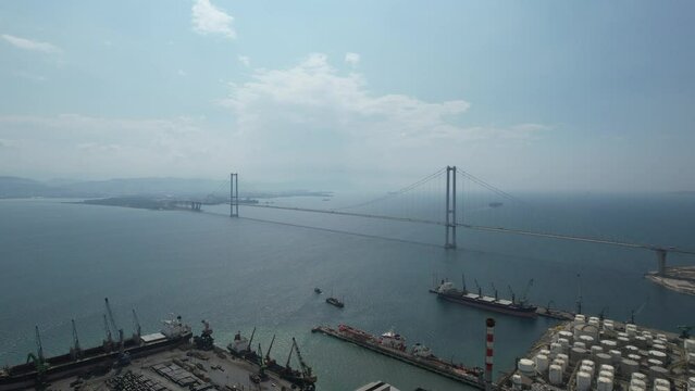 industrial port and suspension bridge