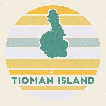 Tioman Island logo. Sign with the map of the island and colored stripes, vector illustration. Can be used as insignia, logotype, label, sticker or badge of the Tioman Island.