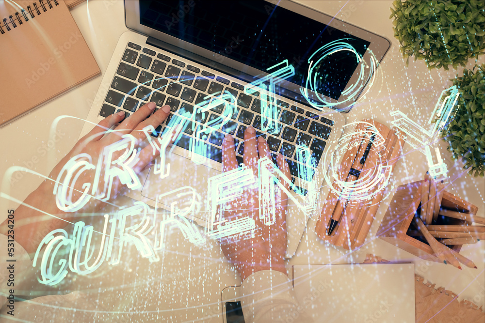 Poster double exposure of woman hands working on computer and blockchain theme hologram drawing. top view. 