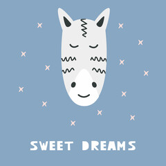 Cute zebra head. Hand drawn vector character. Sweet dreams handwritten lettering. Scandinavian cartoon style.
