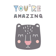 Cute bear head. Hand drawn vector character. Scandinavian cartoon style. For web, posters, invitations, postcards, greeting cards, flyers, etc.