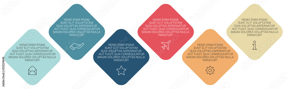 Poster six rotated squares on the bias arranged next to each other, can be used as infographics element ill