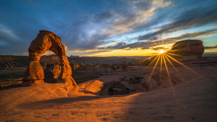 sunset at delicate arch, arches national park, usa