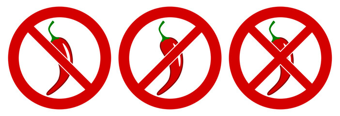 Red hot chilli pepper icon in red crossed circle, doublecrossed sign as well. No spicy food symbol - obrazy, fototapety, plakaty