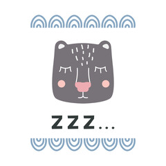 Cute bear head. Hand drawn vector character. Scandinavian cartoon style. For web, posters, invitations, postcards, greeting cards, flyers, etc.