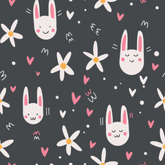 Cute rabbits seamless pattern with flowers for textiles, postcards, stationery covers, banners, backgrounds, wallpapers, etc