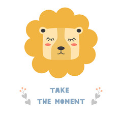 Cute lion head. Hand drawn vector character. Scandinavian cartoon style. For web, posters, invitations, postcards, greeting cards, flyers, etc.