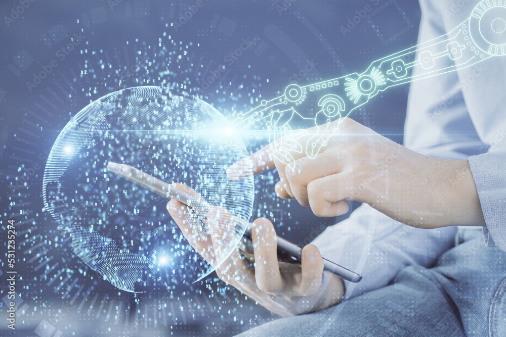 Poster multi exposure of man's hand holding and using a digital device and data theme drawing. innovation c