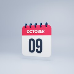October Realistic Calendar Icon 3D Rendered October 09