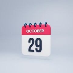 October Realistic Calendar Icon 3D Rendered October 29