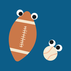 Two balls drawn in cartoon style for children's physical education lesson. Baseball and American football. Vector illustration.