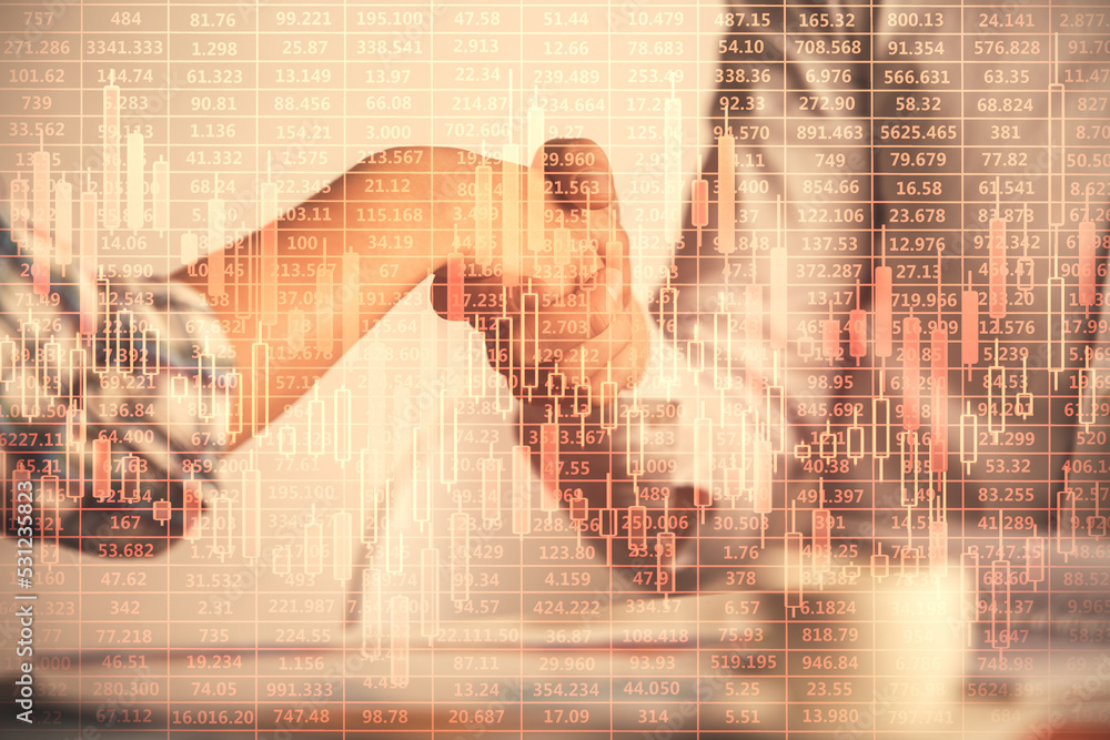 Poster double exposure of forex graph hologram and handshake of two men. stock market concept.