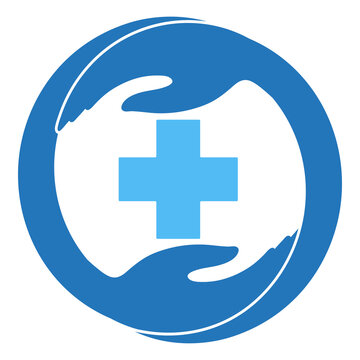 Health Care Logo Illustration. Hands Holding A Medical Cross On A White Background