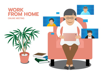 Remote meeting, Work form home online meeting, Conducting video conference with co-workers by using tablet computer via online technology at home.