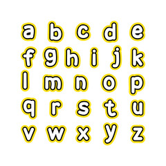 English alphabet.
Small letters. White letters of the English alphabet with a black and yellow outline. Cards for learning. Vector illustration isolated on white background