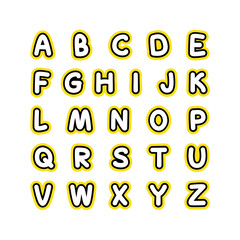 English alphabet.
Capital letters. White letters of the English alphabet with a black and yellow outline. Cards for learning. Vector illustration isolated on white background