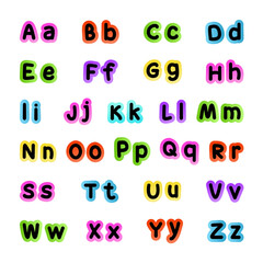 English alphabet. Capital and small letters. Multicolored pastel letters of the English alphabet with a gradient. Cards for learning. Vector illustration isolated on white background