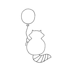 The raccoon sits and holds a balloon in its paws. Animal, forest dweller, beast. Children's illustration. Drawn by hand. Doodle. Vector. Sketch. Silhouette. Black and white. Contour. Coloring.