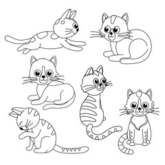 Set of cats. Coloring page. Black and white kitty, kitten. Vector
