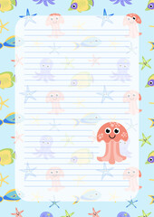 Note paper or notebook sheet with jellyfish. Flat, cartoon, vector © Aleksandra