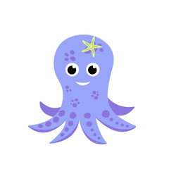 Purple octopus character. Flat, cartoon, vector