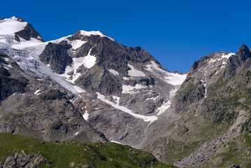 Beautiful scenic view of Stone Glacier at Swiss mountain pass Sustenpass on a sunny summer day. Photo taken July 13th, 2022, Susten Pass, Switzerland.