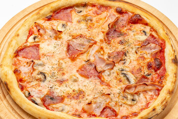 Fresh homemade Italian pizza, fast food cheese, tomato sauce, tomato and other ingredients portion on the table healthy meal snack outdoor.