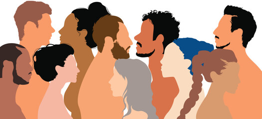 Multiethnic and multicultural cartoon heads in profile. Concepts of psychology and psychiatry. Various people and their teams. Psychotherapy and patients in treatment.