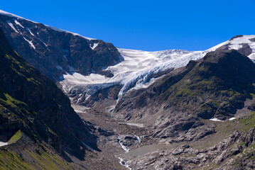 Beautiful scenic view of Stone Glacier at Swiss mountain pass Sustenpass on a sunny summer day. Photo taken July 13th, 2022, Susten Pass, Switzerland.