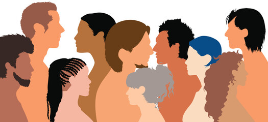 Multi-ethnic group of multicultural people. Concept of racial equality and anti-racism. Multicultural society. Cartoon illustration of a group of multicultural friends.