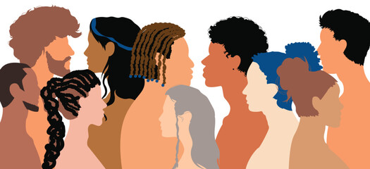 An illustration showing a group of multi-ethnic and multiracial men and women standing in front of each other. A symbol of racial equality and anti-racism.