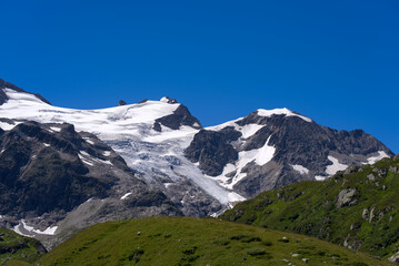 Fototapeta na wymiar Beautiful scenic view of Stone Glacier at Swiss mountain pass Sustenpass on a sunny summer day. Photo taken July 13th, 2022, Susten Pass, Switzerland.