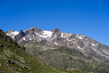 Beautiful scenic view of Stone Glacier at Swiss mountain pass Sustenpass on a sunny summer day. Photo taken July 13th, 2022, Susten Pass, Switzerland.