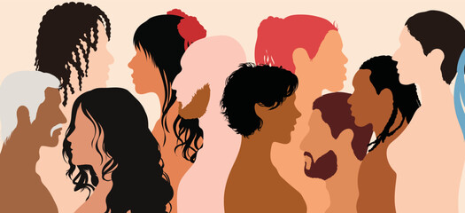 Vector illustration of diverse people. Multi-ethnic women, men, and girls. Racial equality and diversity.