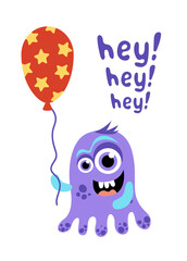 Monster. Purple jolly monster with balloon. Flat, cartoon, vector